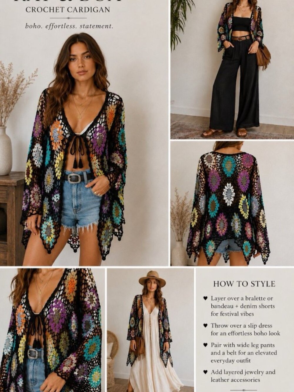 Rat & Boa Crochet Duster Cardigan Open Knit Boho Festival Granny Square Kimono